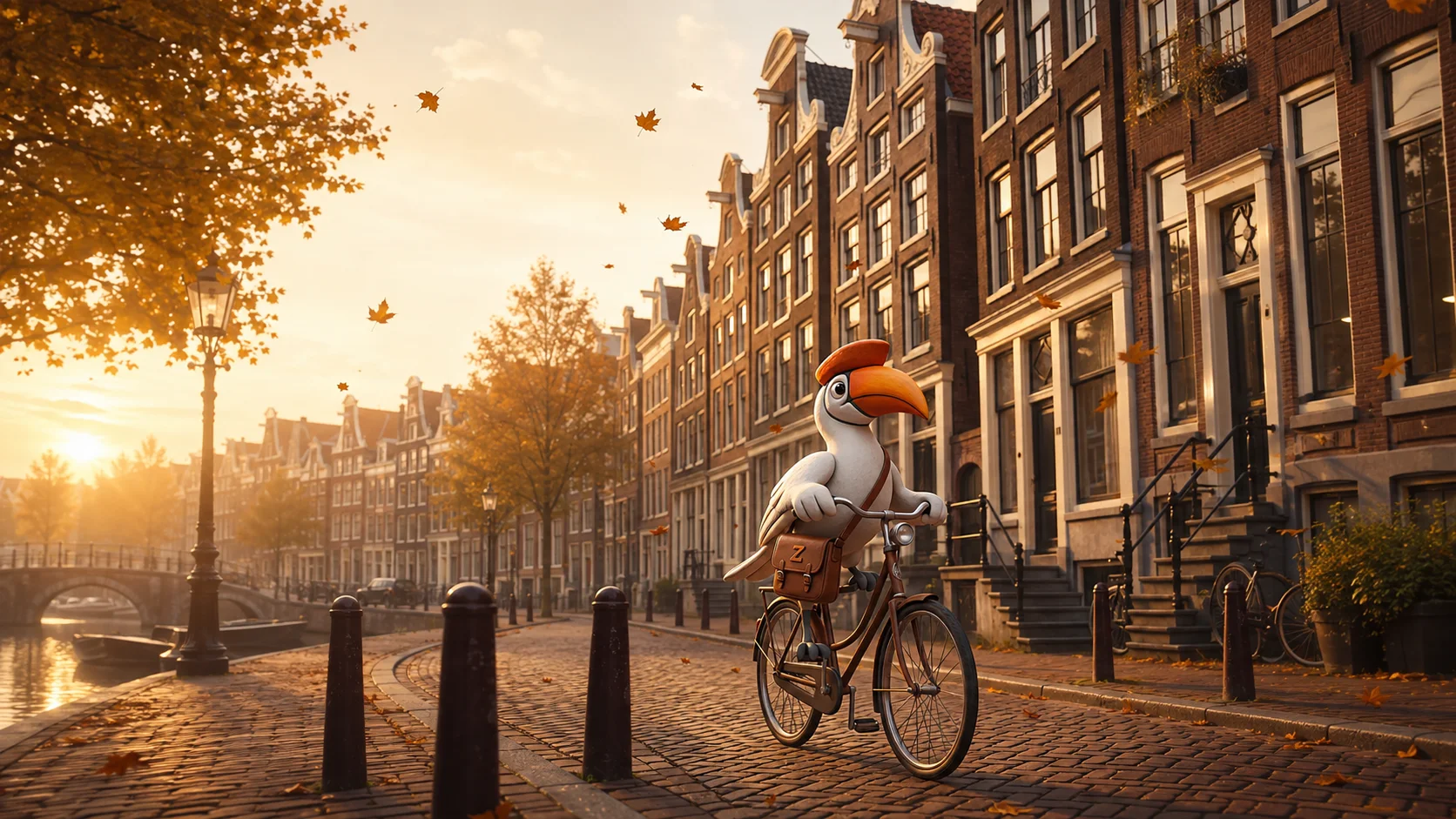ZAZU-vogel fietst door een Amsterdamse straat