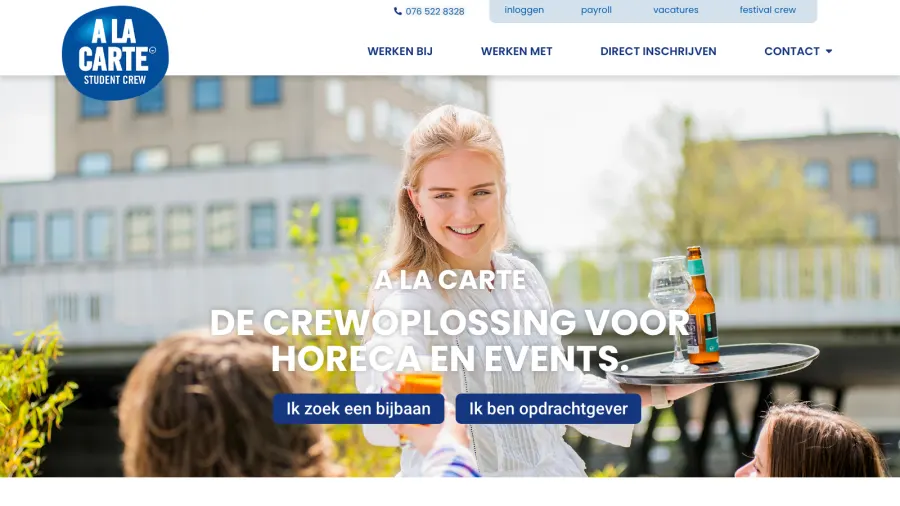 De homepage van A La Carte, crewoplossing voor horeca en events
