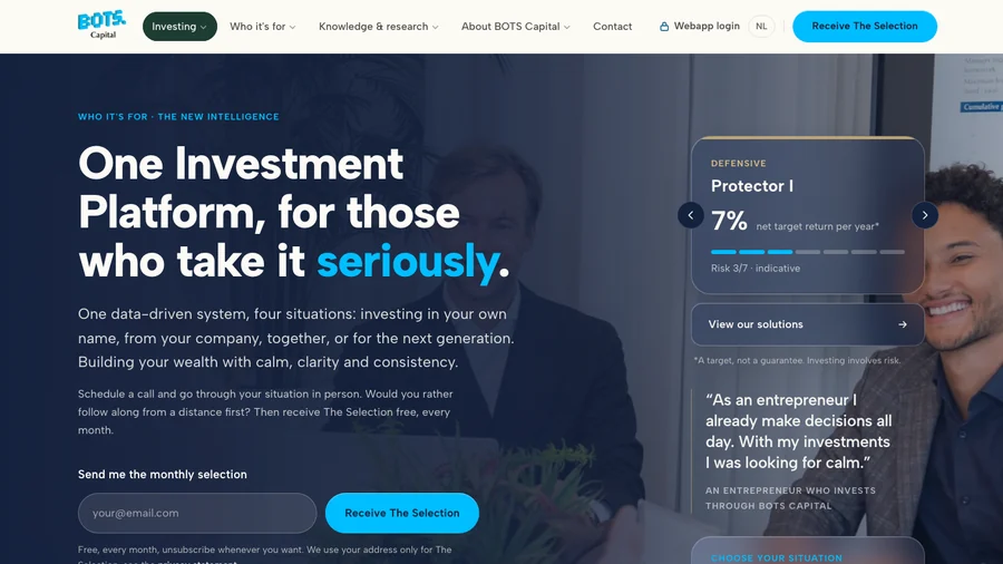 De homepage van BOTS Capital, door ZAZU gebouwd