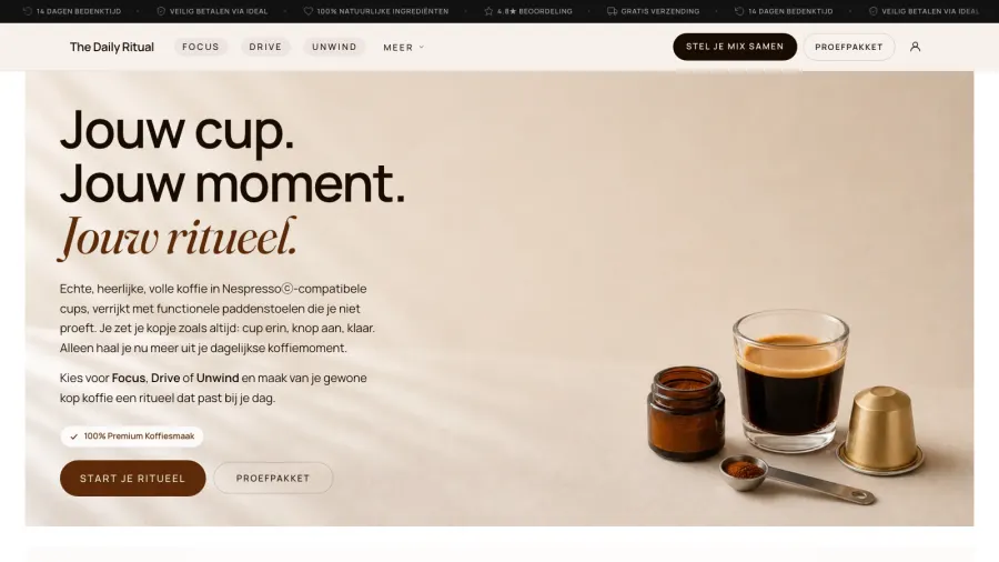 De homepage van The Daily Ritual, webshop voor koffiecups
