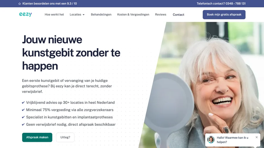 De homepage van Eezy Dentures, door ZAZU gebouwd