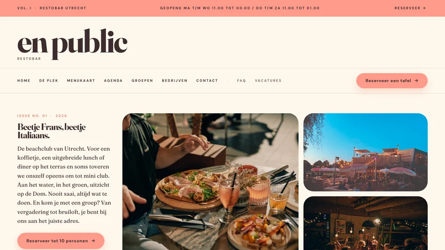 De homepage van En Public, restobar in Utrecht, door ZAZU gebouwd