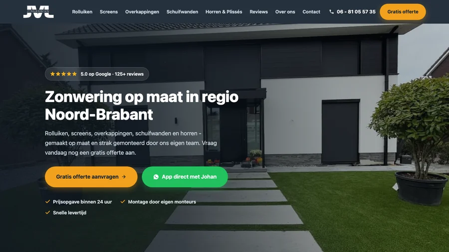 De homepage van JVL Zonweringen in Helmond, door ZAZU gebouwd
