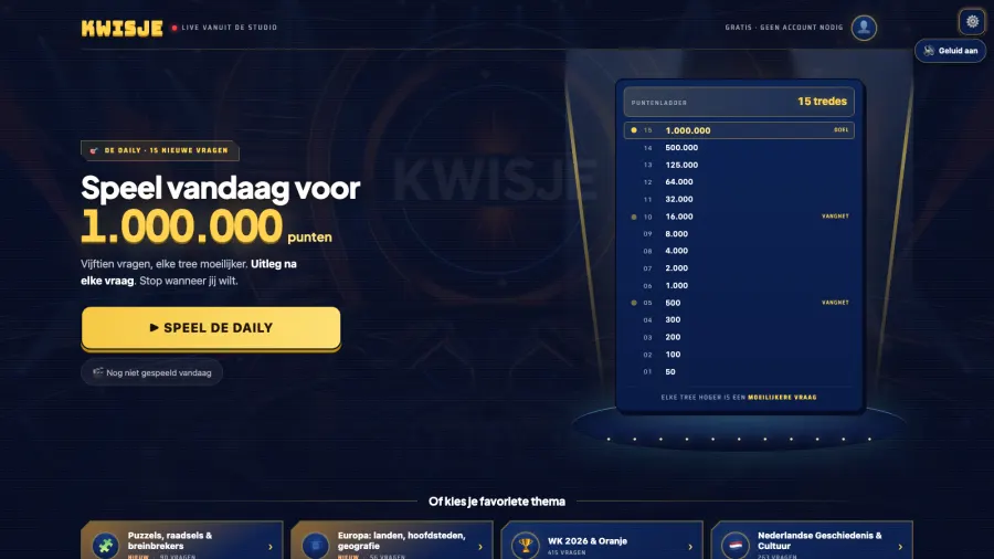 De homepage van Kwisje, de dagelijkse quiz die we zelf bouwden