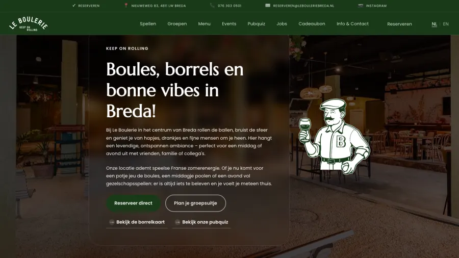 De homepage van Le Boulerie, jeu-de-boulesbar in Breda