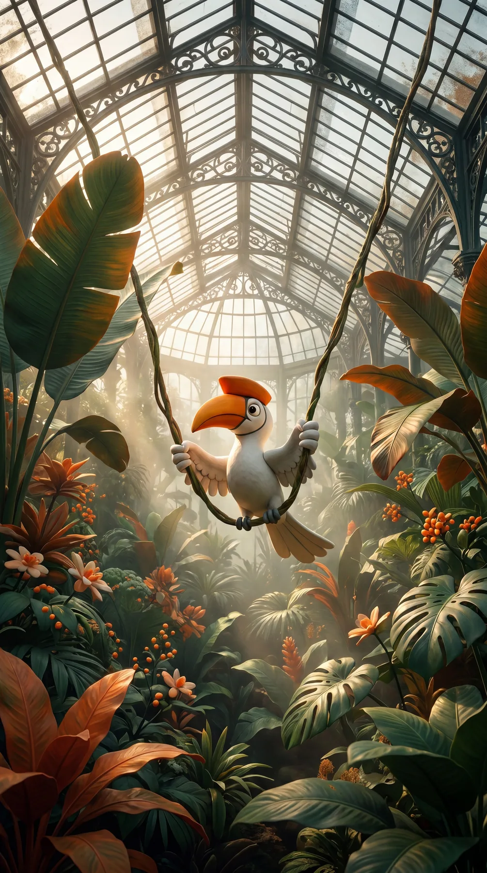 Zazu-mascotte in de proeftuin tussen de planten