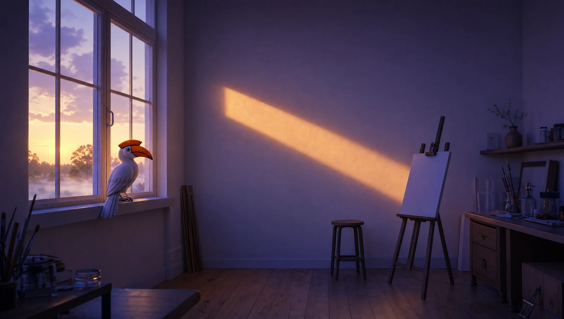 Atelier bij zonsondergang met schildersezel